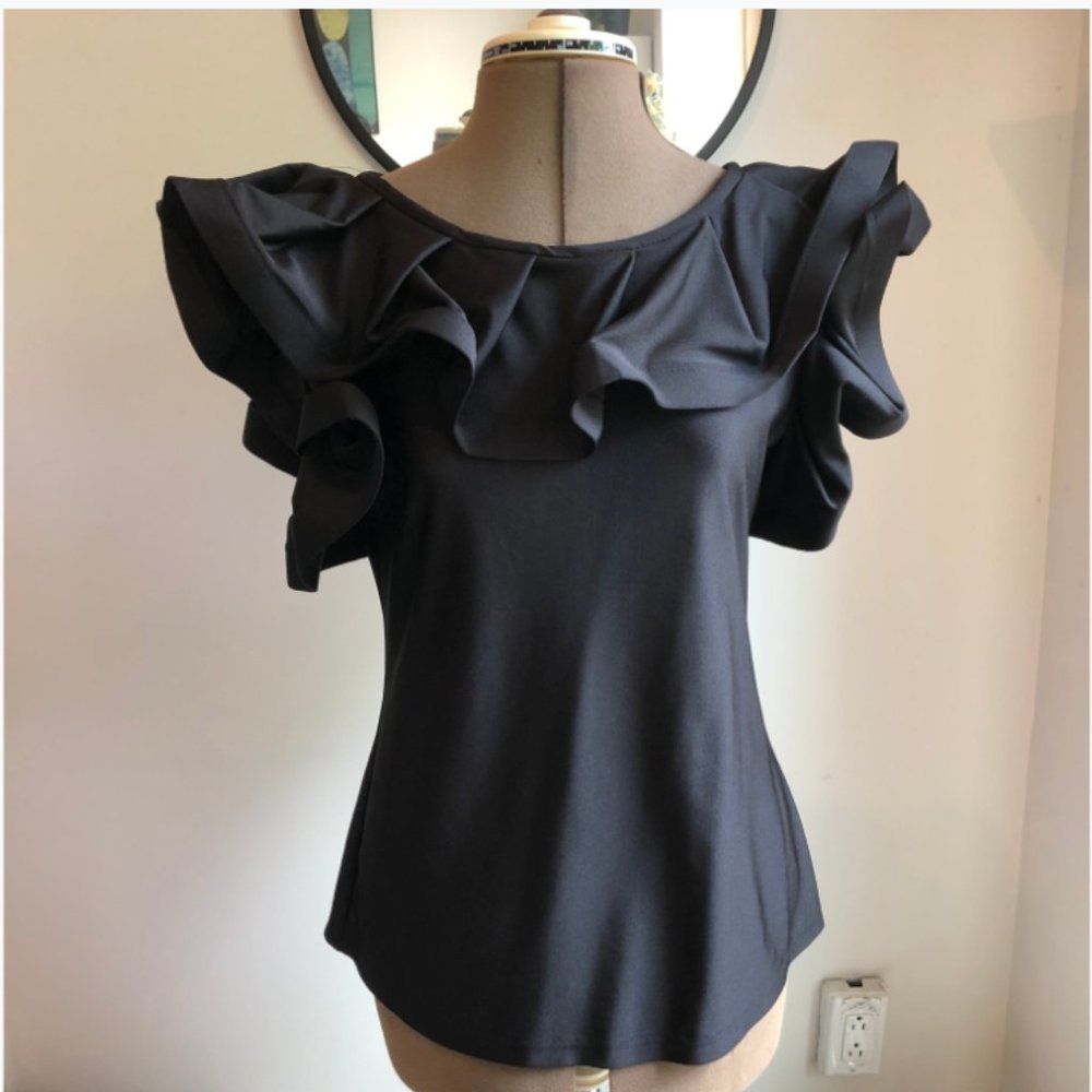 Foravi black top with sculptured ruffle neckline L